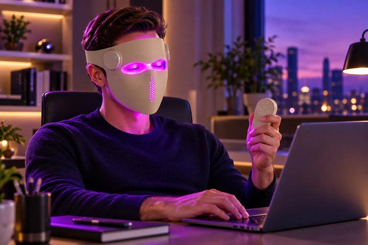Man wearing the Dermfix FreeGlow cordless LED face mask